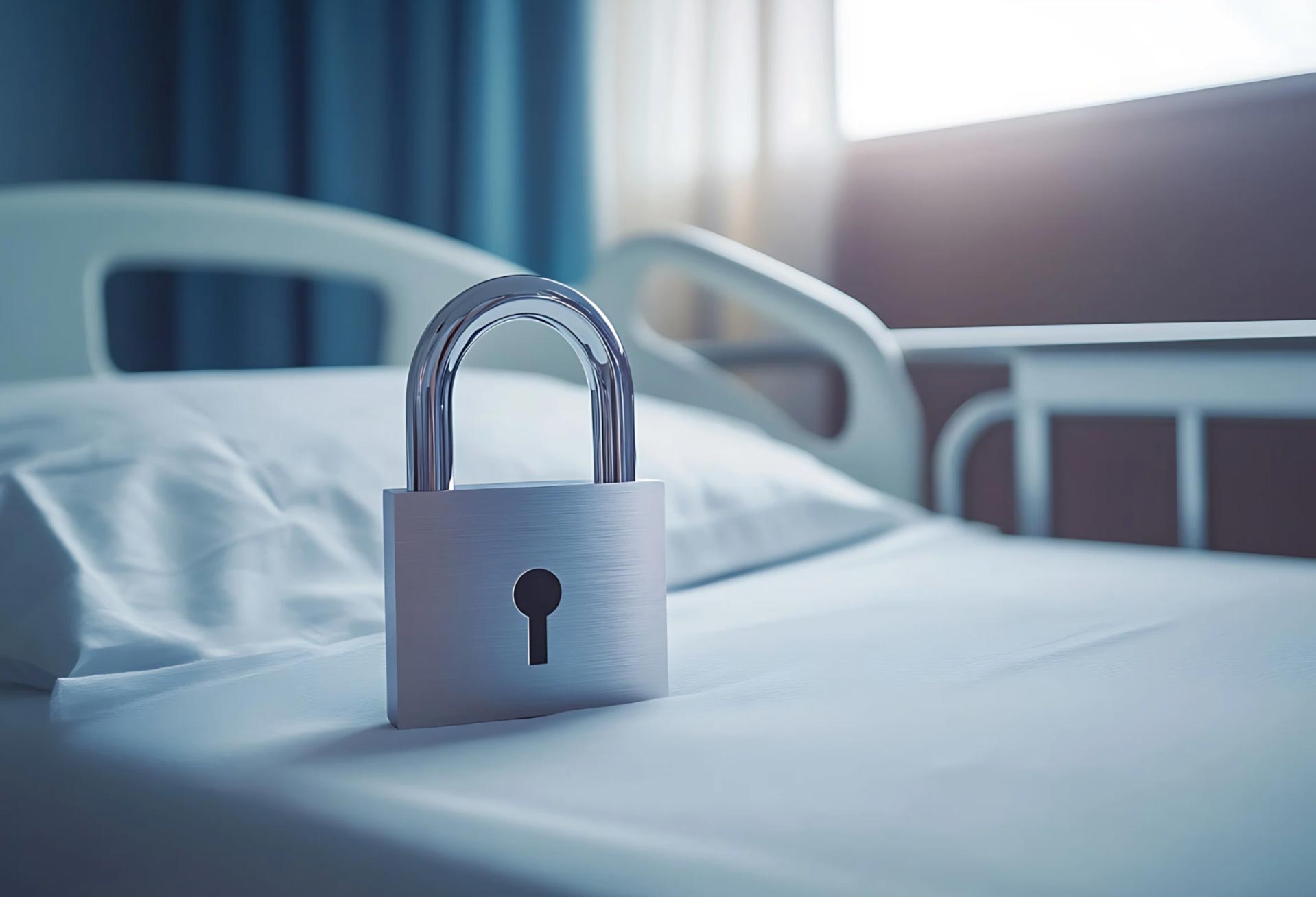 A large padlock placed on a hospital bed under soft natural light from a window.
