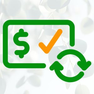 Green dollar sign, check mark, and refresh arrows symbolize the Essentials product, displayed on a light, blurred leafy background.