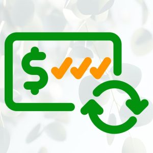 Essentials icons—green dollar sign, orange check marks, and green refresh arrows—are displayed over a blurred leafy background.